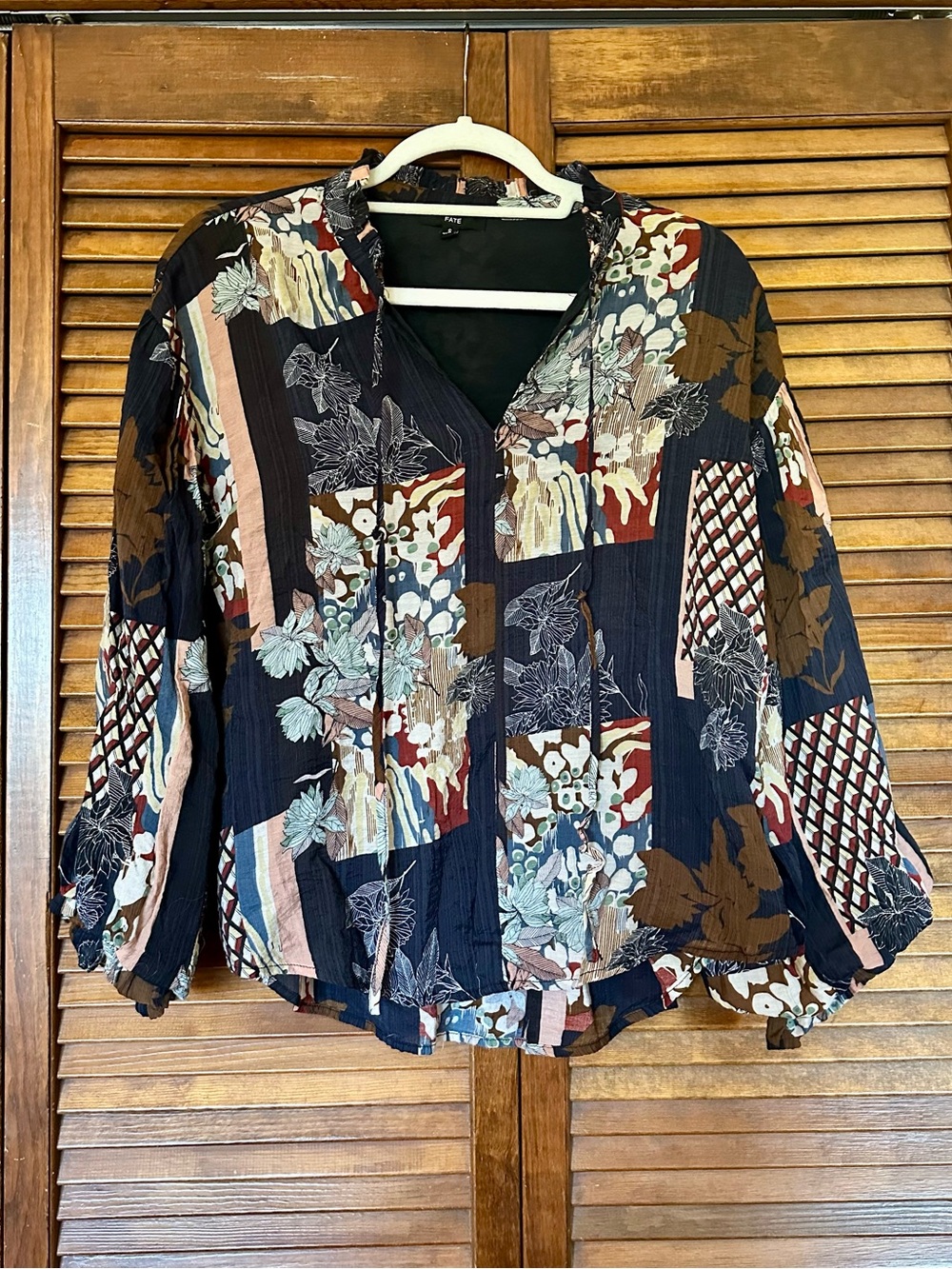 Fate from Anthropologie patchwork boho bubble sleeve tie neck top size small